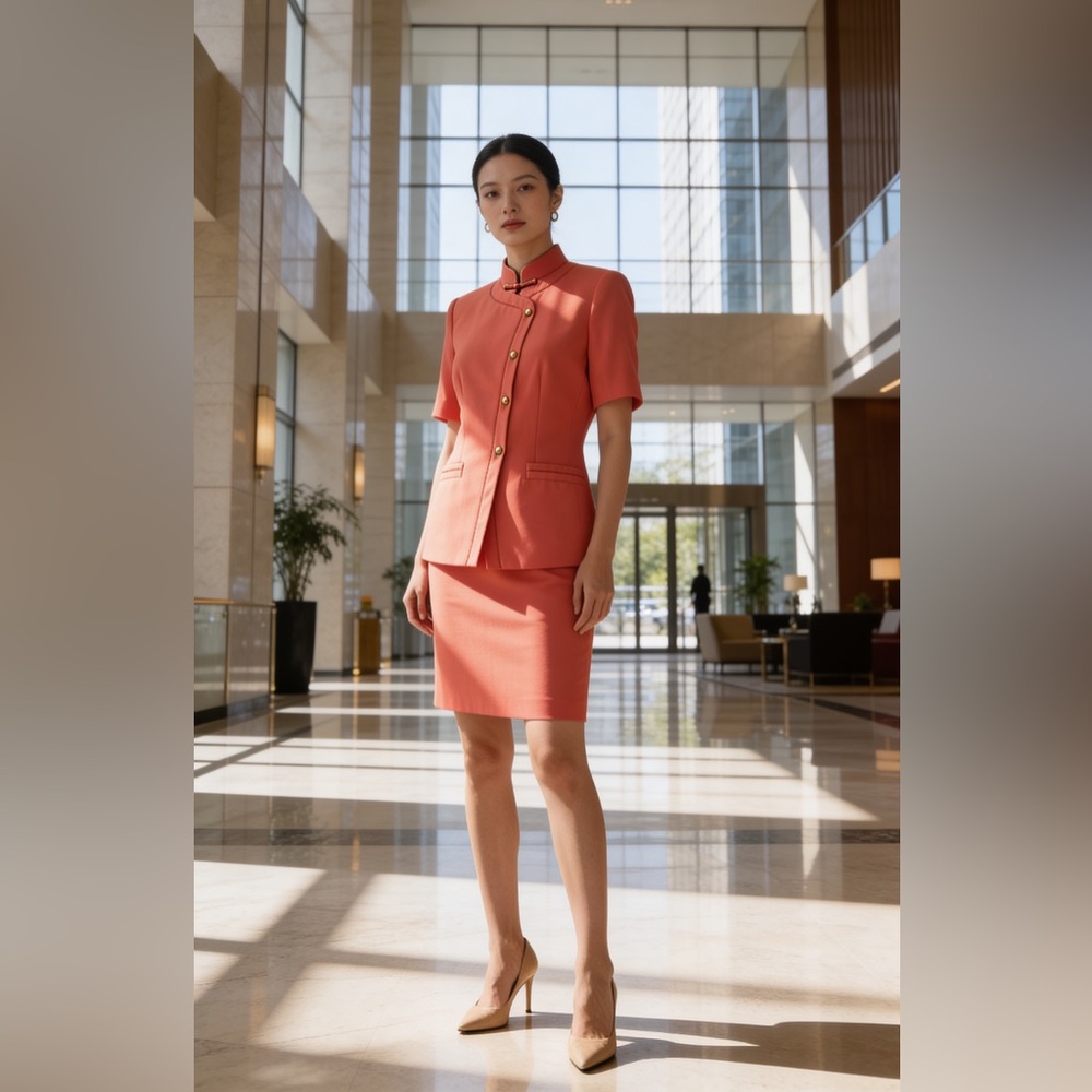 Kasper Coral Short-Sleeve Skirt Set with Gold Buttons